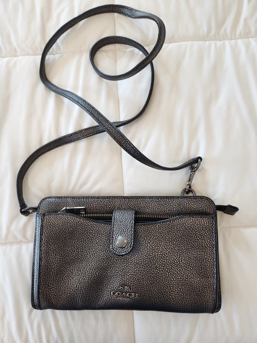 Coach Metallic Pebbled Leather Crossbody - Silver/Black